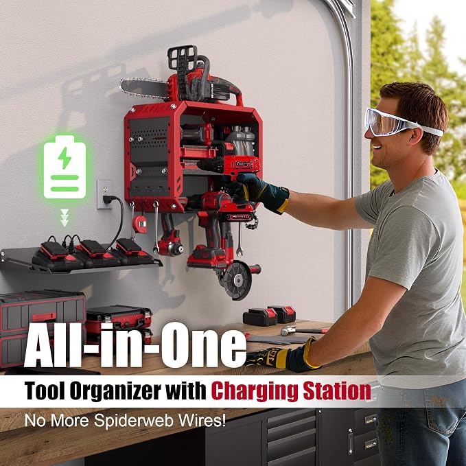 Christmas Gift for Men - End His Garage Clutter | Red Power Tool Organizer Wall Mount with Charging Station | All-in-One 3-Tier Heavy Duty Tool Rack with 420lb Capacity for Dad, Husband, DIYers