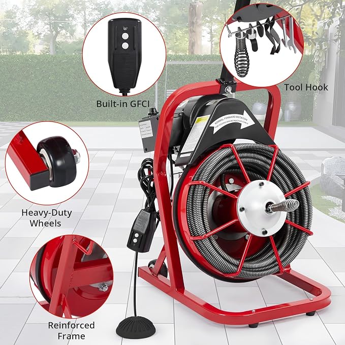 Drain Cleaner Machine with 4 Cutters & Foot Switch and Pair of Gloves,75 ft 3/8 in Drain Cleaning Machine Suitable for 1 in to 4 in Pipes,Drain Auger Cleaner for Sewer, Bathroom,Sink and Shower