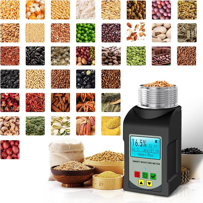 Moisture Meter, Grain Moisture Tester for 40 Kinds with Temperature Compensation and DataStorage High Precision lab Humidity meter Portable Seed Moisture Tester for Wheat, Corn, Coffee Moisture Meter
