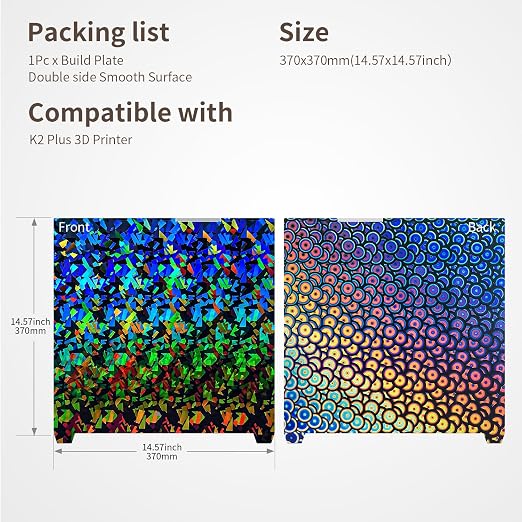 Upgraded K2 Plus Build Plate 370x370mm Double Sided Smooth PEC PEK Sheet Heated Bed Spring Steel Flexible 3D Printer Platform for K2 Plus 3D Printer Replacement