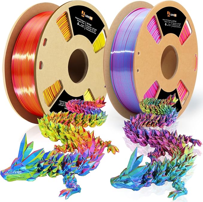 LOVOON Silk PLA 3D Printer Filament Bundle 2 KG, PLA Filament 1.75mm, Shiny Silk Tri Color Blue/Yellow/Red and Rose Red/Sky Blue/Yellow, Color Change by Angle 3D Printer PLA Filaments, 1KG X 2 Spools