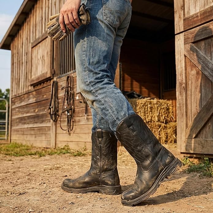 ANGRYRAM Cowboy Work Boots for Men Square Toe Leather Western Boot Slip Resistant Indestructable Steel Toe Safety Boots for Men Work-Man Pro Series