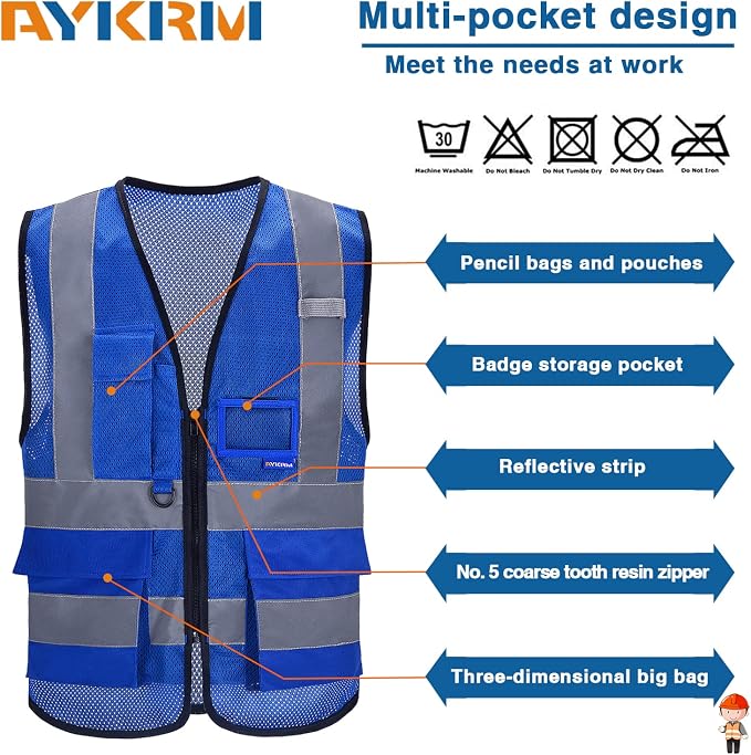 A-SAFETY High Visibility Mesh Vest with Multi-Color, Zipper, Blue, 6XL-8XL | Blue 6XL-8XL mesh vest with clear ID holder, mic tabs and reflective strips for equipment maintenance; for men and women.