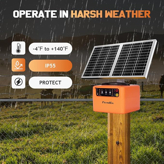 30 Miles Solar Electric Fence Charger for Livestock,6-12KV Adjustable Output Solar Charger,1.5J Fence Charger,15W Solar Powered Electric Fence Kit for Garden,24H Uninterrupted Protection