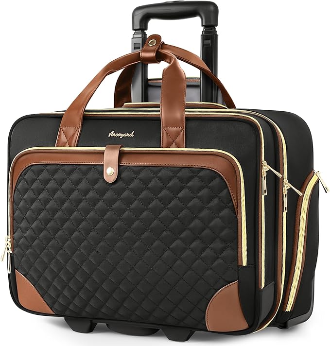 Arcoyard Rolling Laptop Bag, Rolling Briefcase for Women with Waterproof Pocket, 16 Inch Computer Bag, Underseat Carry On Luggage with Wheels for Work Travel Business, Lightweight Black Brown