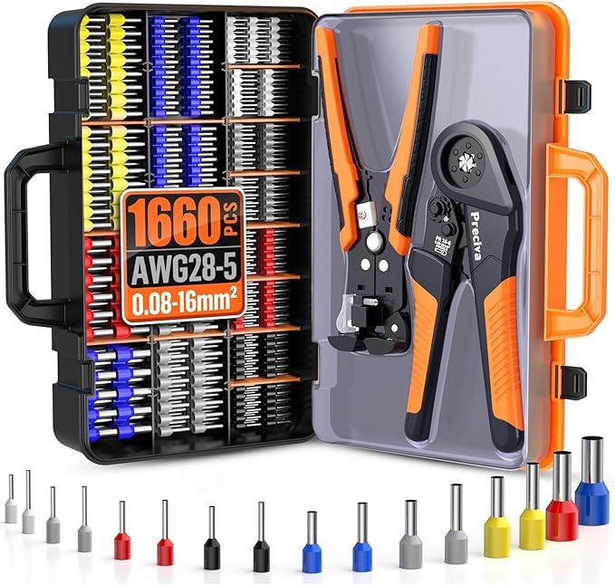 Preciva Ferrule Crimping Tool Kit with Wire Stripper, Hexagonal Ferrule Crimper AWG 28-5（0.08-16mm²） Self-Adjustable Ratchet Ferrule Terminals Crimping Tool with 1660Pcs Ferrules Connectors