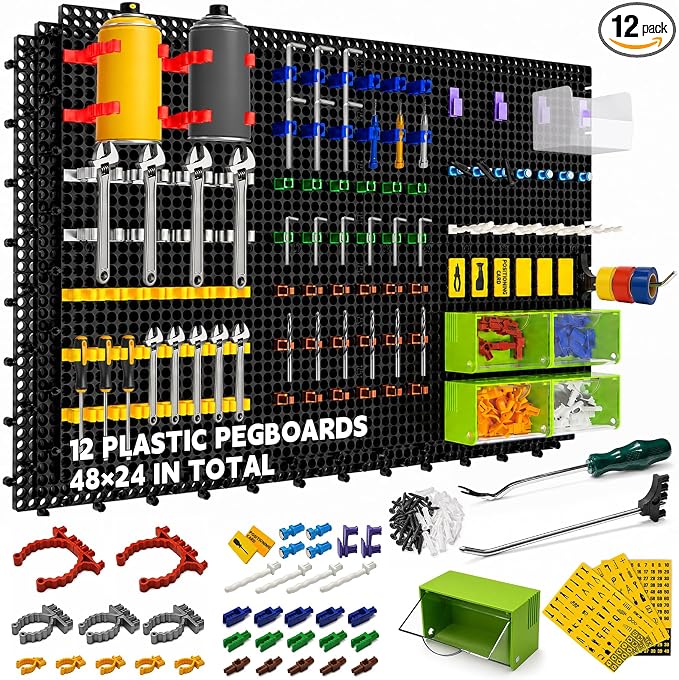 Plastic Pegboard Wall Organizer Kit, 12 Black Panels 48" x 24", 428 Accessories with Hooks, Clips, Bins & Holders, Modular Tool Storage Board for Garage, Workbench, Craft Room, Home Repair