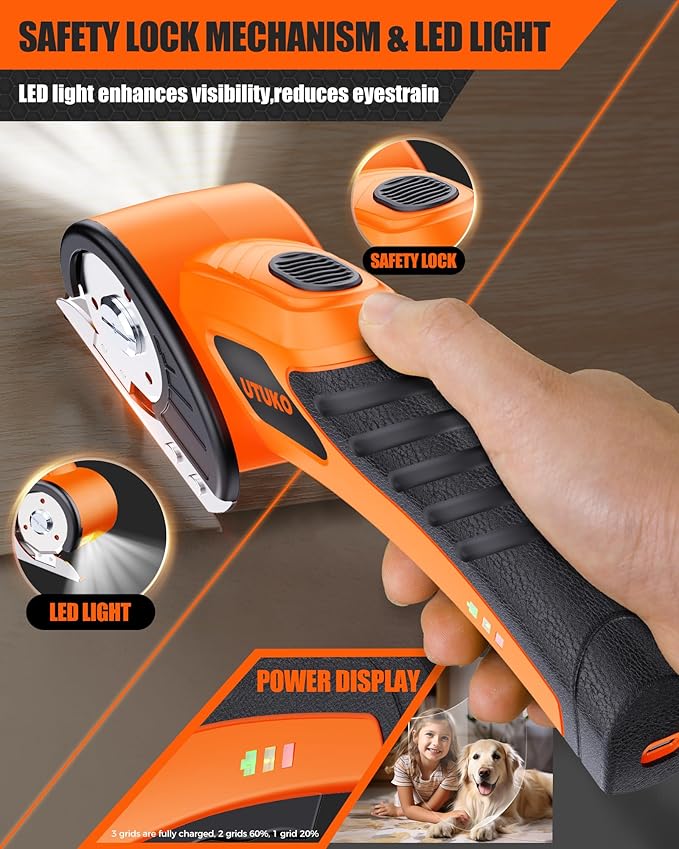 Electric Cardboard Cutter – Upgraded High-Power 800RPM Brushless Motor, 3500mAh Cordless Rechargeable Electric Scissors, Heavy Duty Box Cutter for Cardboard, Carton Mat Cutter Blades orange