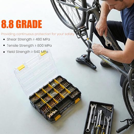 1075 Pcs Metric Bolts and Nuts Assortment Kit – Grade 8.8 | M4 M5 M6 M8 M10 M12 Hex Head Yellow Zinc Bolt Set with Nuts & Washers | 12-40mm Length with Heavy Duty Double-Sided Organizer