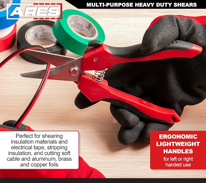 ARES 32005-7 1/2-Inch Multi-Purpose Shears - Finely Serrated High Carbon Stainless Steel Blades - Cuts Wire, Insulation, Soft Cable and More