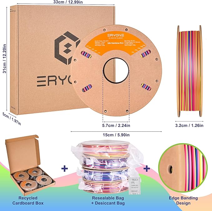 ERYONE PLA Filament 3D Printer Filament Bundle Multicolor 1.75mm +/- 0.03mm, PLA Filament 250g Spool, 4 Rolls, Silk Rainbow Twist