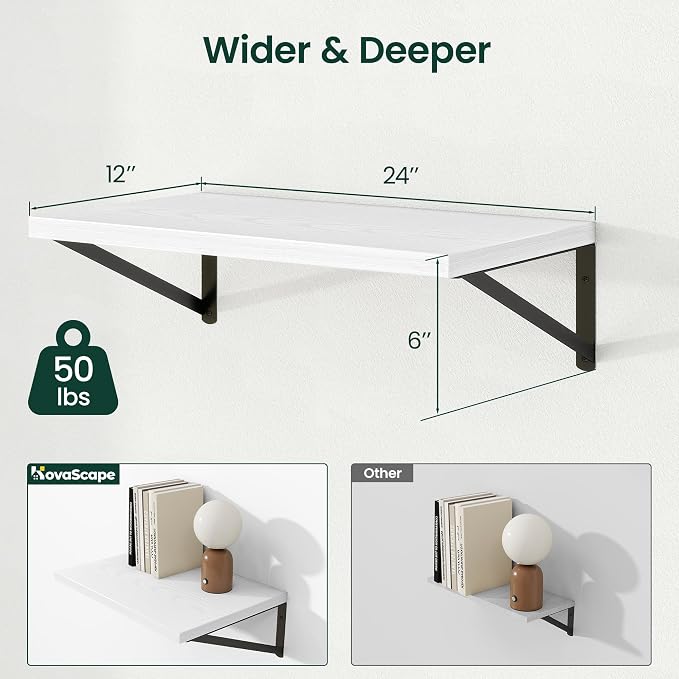 Floating Shelves 12 Inch Deep, 24W x 12D Wall Shelf Set of 2, 50 lbs Heavy Duty Reversible Metal Brackets, Deep Industrial Book Shelf for Living Room Kitchen Bath Bedroom Coffee Bar, White