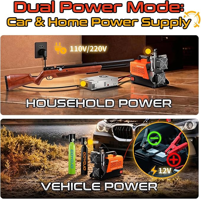 GOYOJO AC-2 PCP Air Compressor, 4500 PSI/30 MPa Portable Oil-Free Air Pump, Up to 45 Min Continuous Runtime, 12V DC & 110V/220V AC Converter, for PCP Airguns & HPA Paintball Tanks
