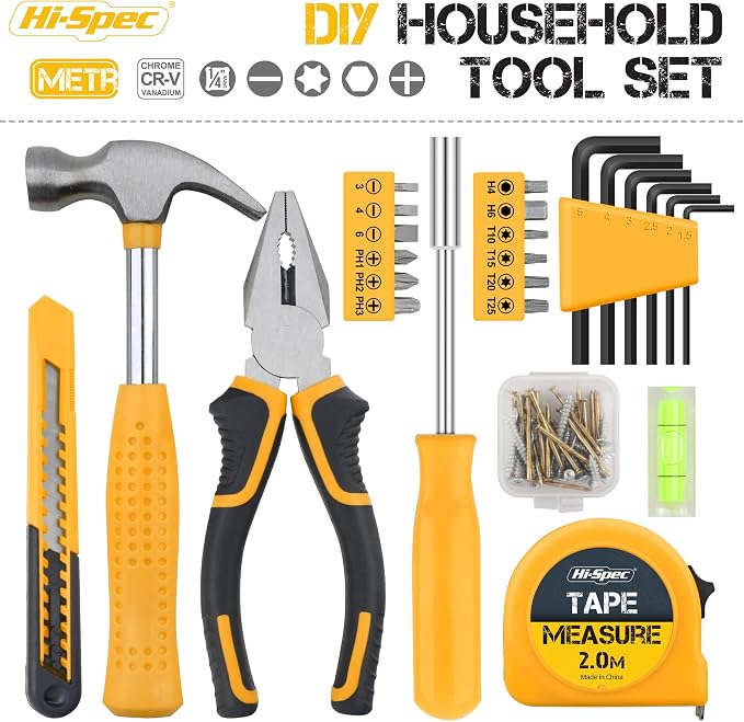 Hi-Spec Small Tool Kit Compact Set for Home and Office DIY, 25-Piece Yellow Mini Tool Box for Basic Household Repairs, Starter Toolkit in a Portable Toolbox Case.