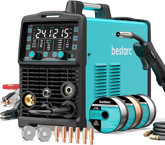Bestarc 215Amp MIG Welder, 110V 220V Gas MIG/Flux Core MIG/Stick/Lift TIG/Spool Gun/Spot Welding 7 IN 1 Aluminum Welding Machine, IGBT Multiprocess Bestarc Welder with Synergy, Spool Gun Compatible