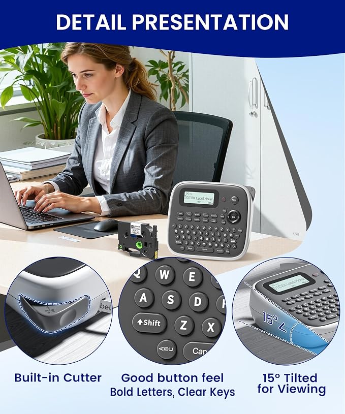 Label Maker Machine with Tape, Label Maker Waterproof Labels 12mm, D210s Laminated Labeler Machine, Multi Icons Borders & One-Touch Keys, Labelmaker for Home Use/School Office Supplies