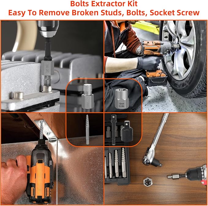 40 Pcs Screw Extractor Set, 2-in-1 Hex Head Multi-Spline Lug Nut Remover, 3/8 Inch Drive Easy Out Bolt Extractor Set for Removing Stripped, Rounded, Damaged, Broken Studs Bolts Screws