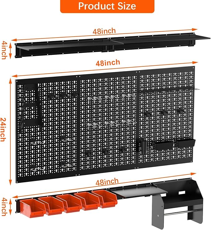 TORACK Metal Pegboard Wall Organizer 4ft Wide, Tool Storage Pegboard System for Garage with Accessories, Wall Mount Storage Bins, Shelves, Peg board Tool Organizer Kit for Workbench(Black)