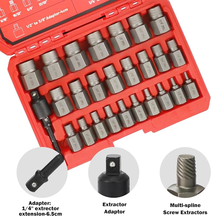 27Pcs Screw Extractor Set Hex Head Multi-Spline Easy Out Bolt Extractor Set 3/8 Inch Drive, Stripped Bolt Remover, Bolt Extractor Kit for Removing Broken Rusted Bolts Studs Nuts Socket Screws