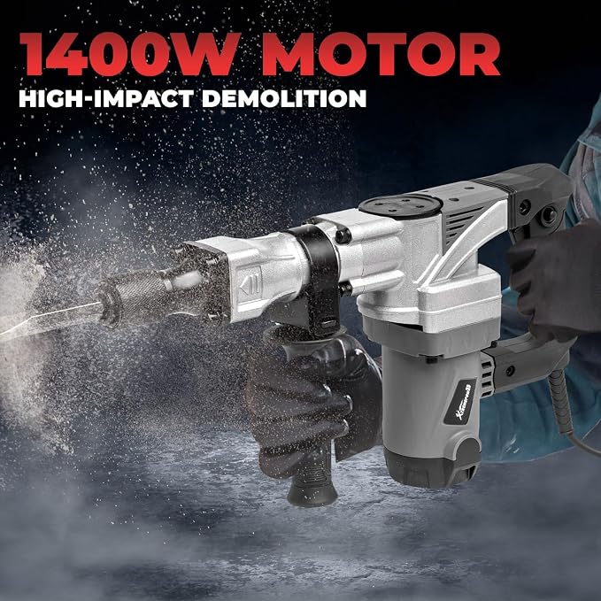 XtremepowerUS 1400W Demolition Electric Jack Hammer SDS Plus Construction Concrete Breaker Punch Drill Chipping 4500BPM Floor Tile Removal (Include Flat & Chisel Bits) Carrying Case