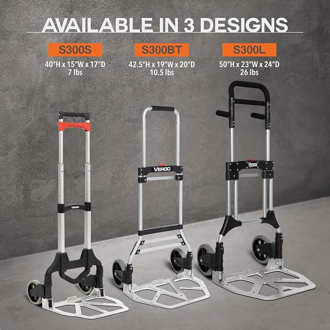 Vergo 400 lbs Capacity Folding Hand Truck Dolly – Lightweight Aluminum Frame Dolly Cart with 50" Telescoping Handle, Compact Hand Cart with 8” Rubber Wheels for Office, Warehouse, Trucks (S300L)