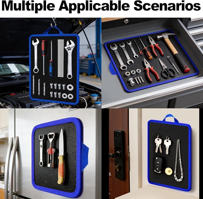 Flexible Magnetic Tool Mat with handles, 12.8" x9.5" Non-Slip Magnetic Tool Organizer & &Telescoping Magnetic Tool, Magnetic Tool Mat for Mechanics, Garage, Workshop & Auto Repair(Blue)
