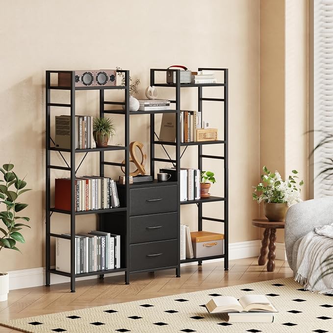 AFLUI Triple Bookshelf with 3 Fabric Drawers, 4-Tier Book Shelf and 10 Display Shelves, Industrial Large Bookcase for Home & Office, Black, 47'' Wide