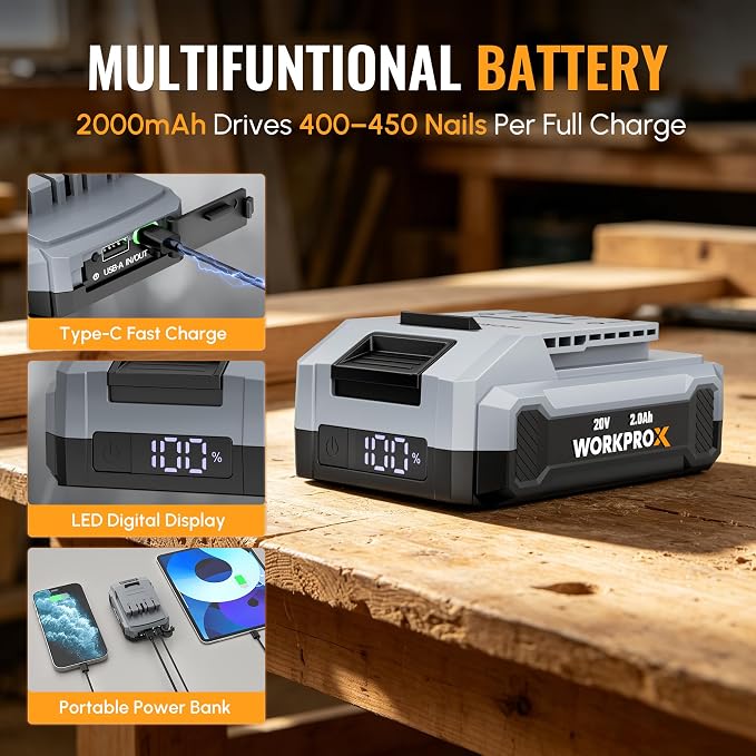 WORKPROX 20V Cordless Brad Nailer Kit, 18 Gauge 2-in-1 Nail & Staple Gun with 2.0Ah Rechargeable Battery, 1000 Staples & 1000 Nails, for Woodworking, Upholstery, DIY Projects & Home Improvement