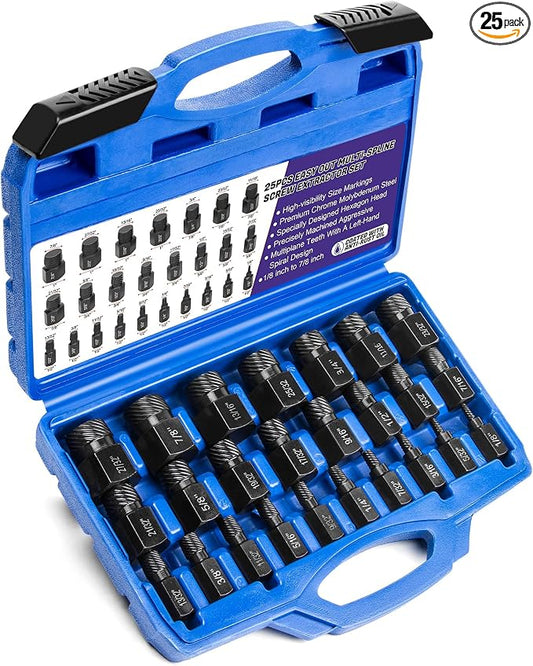LLNDEI Screw Extractor Set Hex Head Multi-Spline Easy Out Bolt Extractor Set, EZ Out Rounded Screw Remover, 1/8 Inch to 7/8 Inch in 1/32-Inch Increments, CR-MO, 25 Pieces, Stripped Fastener Tool