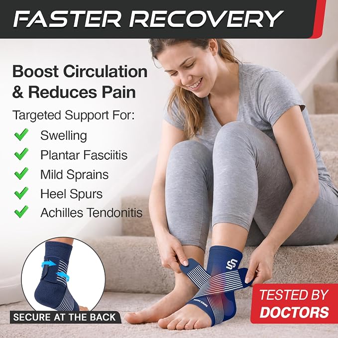 Sleeve Stars Ankle Brace for Women & Men, Ankle Wrap for Sprain, Compression Sleeve for Plantar Fasciitis Relief, Easy Customizable Support: w/ Removable Strap (Single/M:10"-12"/Navy Blue)