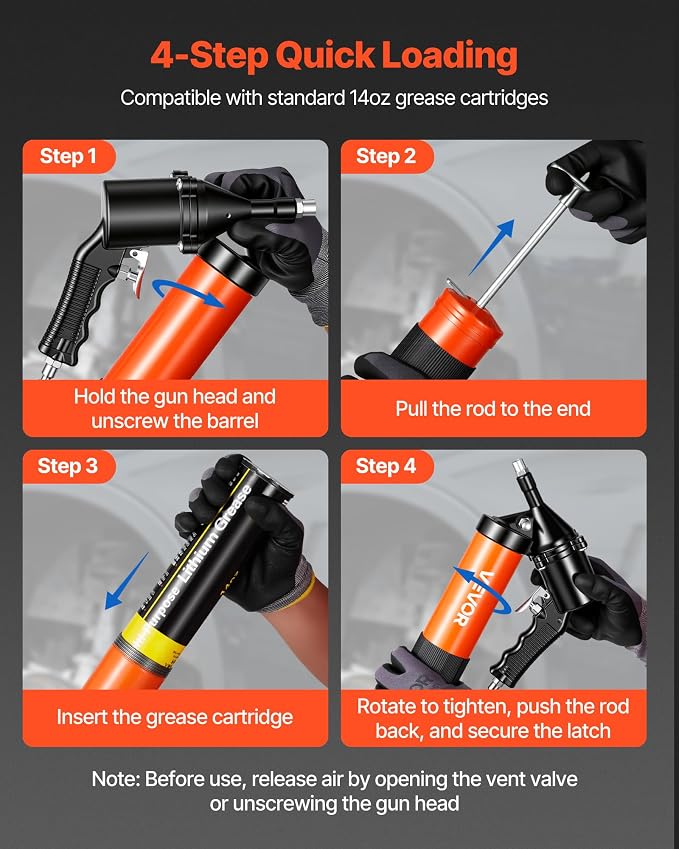 VEVOR Grease Gun, Continuous Cycle Heavy Duty 6000 PSI High Pressure, Pistol Grip Grease Gun Kit with 14 oz Capacity, Includes 18-Inch Flex Hose, 1 Extension Rigid Pipe, 2 Flat Nozzles for Automotive
