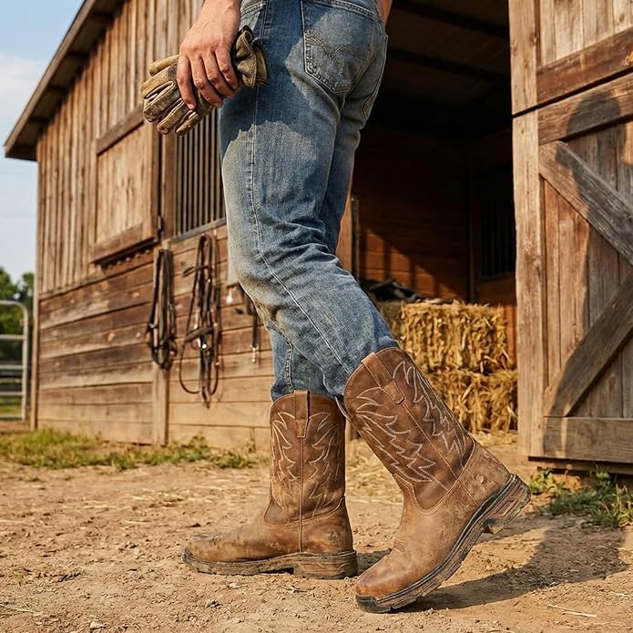 ANGRYRAM Cowboy Work Boots for Men Square Toe Leather Western Boot Slip Resistant Indestructable Steel Toe Safety Boots for Men Work-Man Pro Series