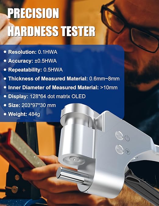 Digital HWA Hardness Tester 6-in-1 Hardness Tester with HWA, HRE, HRF, HRB, HV, HB Systems Portable Hardness Tester for Aluminum Alloy, Brass, Copper, Mild Steel (Model AMT308)