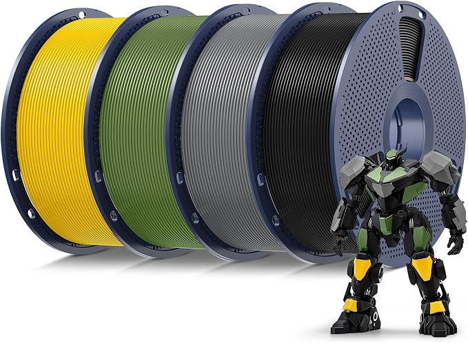 SUNLU 4kg PLA 3D Printer Filament Bundle Multicolor, Neatly Wound PLA Filament 1.75mm ±0.02mm, Individually Vacuum Packed, 4kg in Total, 1kg per Spool, 4 Pack, Black+Grey+Olive Green+Vivid Yellow