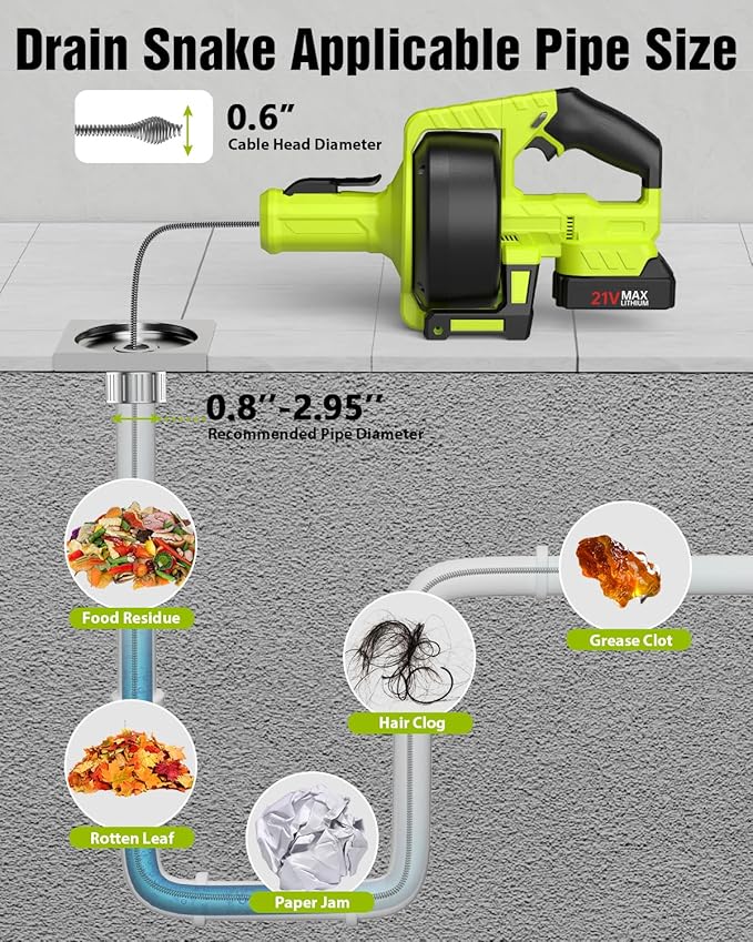 Ublue 21V Cordless Electric Drain Auger, 25Ft Auto Feed Drain Snake for Clog Remover with 2.0Ah Battery, Plumbing Snake for Sink Toilet Bathroom Shower Pipes 3/4"-2.95", Included Bag Gloves Rag