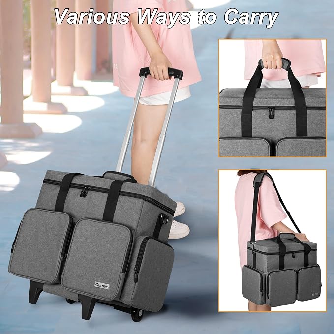 CURMIO Rolling Scrapbook Bag, Craft Tote with Wheels for Paper, Ablum, Gray | Crafts Supplies Tote with Wheels, with 2 detachable zipper pouches, Removable Bottom Board, Shoulder Straps, Large Capacity