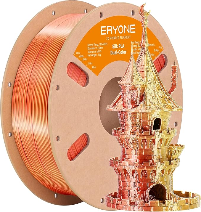 ERYONE Silk Dual Color PLA Filament 3D Printer 1.75mm +/- 0.03mm, Bicolor Filament Two Tone PLA 1KG(2.2lbs) Cardboard Spool, Gold Copper