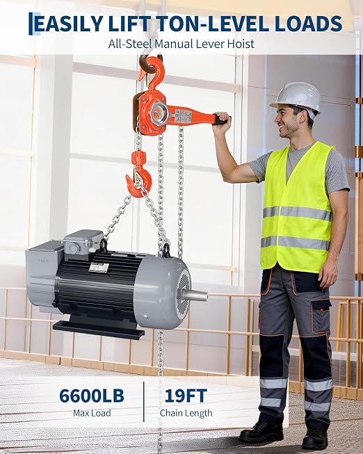 3 Ton (6600 LBS) Manual Lever Chain Hoist, 20 ft Heavy Duty G80 Galvanized Steel Come Along with Double-Pawl Brake & 360° Rotating Hooks for Garage Warehouse Construction Factory