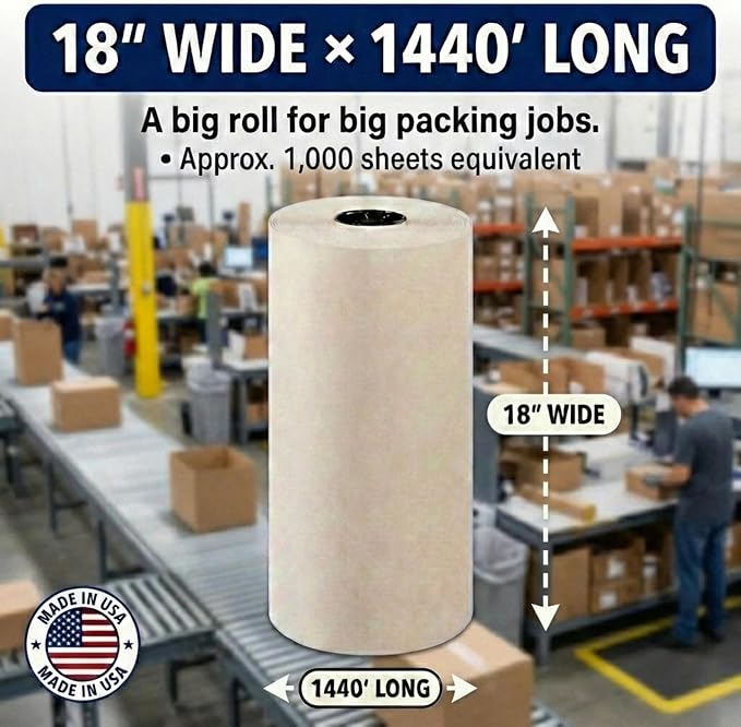 Box USA Packing Paper Roll 18" x 1400ft (1,000 Sheets 17" Equivalent) - Newsprint Paper for Shipping, Storage and Moving Supplies, White