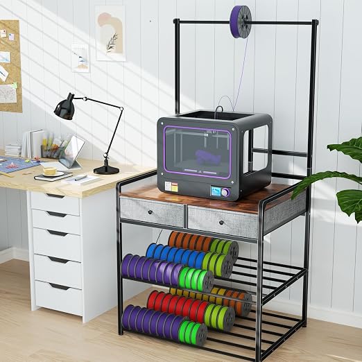 DALEMHOME 3D Printer Stand with Storage, 3D Printer Table with Power Outlet & Filament Rack, Heavy Duty Metal Workstation with Drawers for 3D Printing, Rustic Brown, 31.5" L x 23.6" W x 63" H