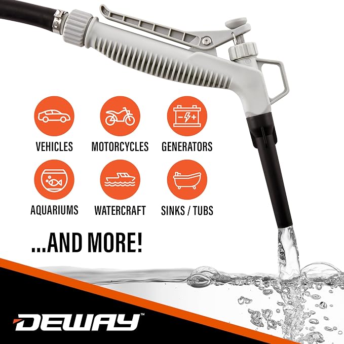DeWay Fuel Transfer Pump for Gas Can with Manual Hand Trigger Nozzle | Fast 2.4GPM Flow Rate, 51” Heavy Rubber Hose, 4 AA Battery Power & 3 Adapters for Gasoline, Kerosene, Diesel & Non-Potable Water