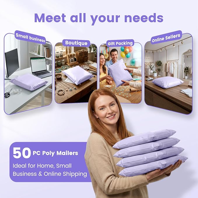 Metronic Poly Mailers 12x15.5 50PC Shipping Bags for Clothing, Self-Seal Waterproof Poly Bags Shipping Envelopes, Durable Plastic Package Mailing Bags for Small Business, Lilac Purple