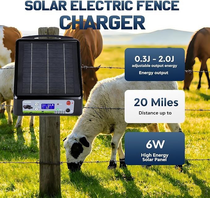 20 Miles Solar Electric Fence Charger, Adjustable Output Voltage: 6/8/10/12kV, 2J Solar Powered Electric Fence Charger Supports Battery/Solar/AC Power,Ideal for Livestock/Garden/Yard/Farm Protection