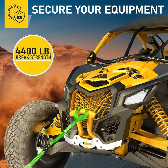 AUGO Heavy Duty Ratchet Straps & Soft Loops – Pack of 4 Extra Strong 1.5” by 10’ Ratchet Straps w/S-Hook Safety Latches & 4 Soft Loop Tie Downs – 4400Lb Break Strength for Motorcycles, ATVs, Etc.