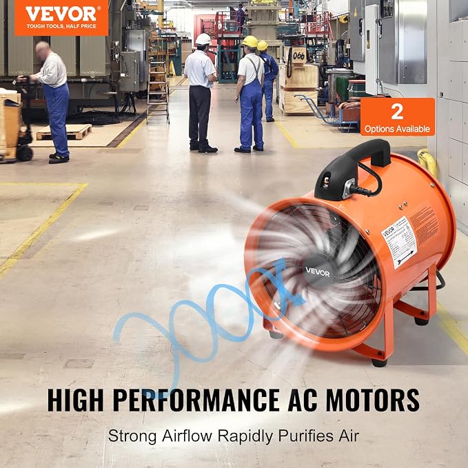 VEVOR Portable Ventilator with Hose, 2 Speed, 12 Inch Utility Blower Exhaust Fan with 16.4ft Flexible Duct, 367W 2894CFM High Velocity Industrial Air Mover for Extraction and Ventilation