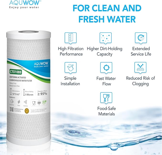CTO10BB 5 Micron 4.5" x 10" Carbon Block Water Filter Set – Replacement Cartridges for Whole House and Under Sink Systems, Universal Standard Size (1, 10 x 4.5)