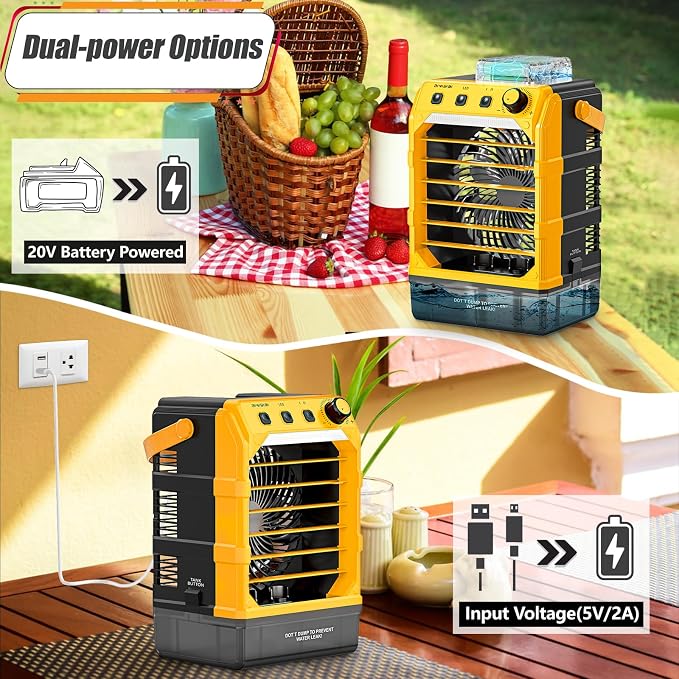 Rozlchar Portable Misting Fan Compatible for DeWALT 20V Battery, Jobsite Cooling Fan with 1.6L Tank, Stepless Speed & 8H Timer, LED Light, Quiet Airflow for Construction, Camping, Beach(Tool Only)