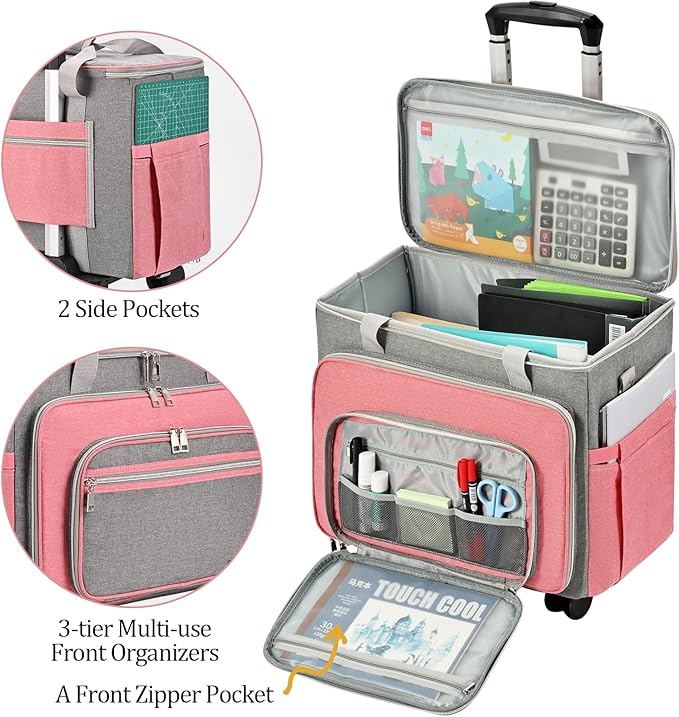 FINESUN Sewing Machine Case with Wheels, Rolling Sewing Machine Bag, Universal Craft Storage Bag for Brother Singer Janome and Most Embroidery Machine Carrying Tote Bag Pink