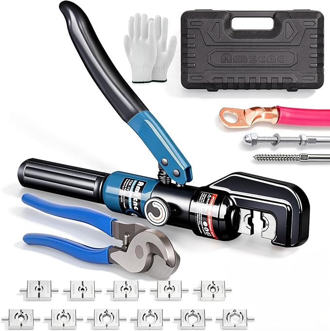 AMZCNC Hydraulic Crimping Tool, Battery Cable Crimper 12AWG–4/0AWG, 11 US Hex Dies, 10-Ton Hydraulic Crimper for Electrical Lugs，Cutter & Case (YQK-0000 and cut)