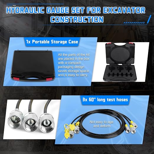 Hydraulic Pressure Test Kit with 3 Gauges 10/25/40 Mpa, 3 Long Hoses 6 Couplings Diagnosis Gauge Tester Set for Excavator Construction Engineering Machinery Equipment
